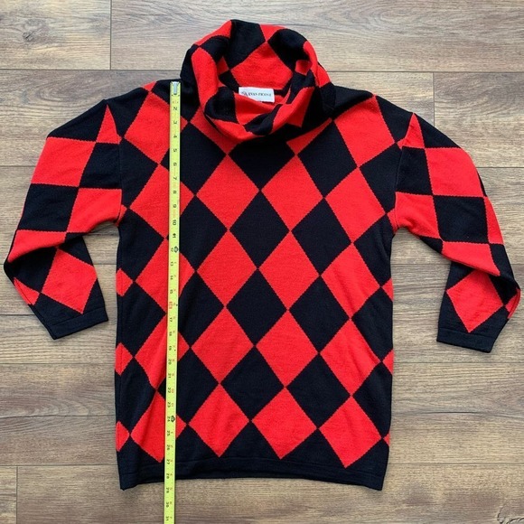 VTG 80's Evan Picone Medium Wool Blend Harlequin Black & Red Cowl Neck Sweater - Picture 5 of 12